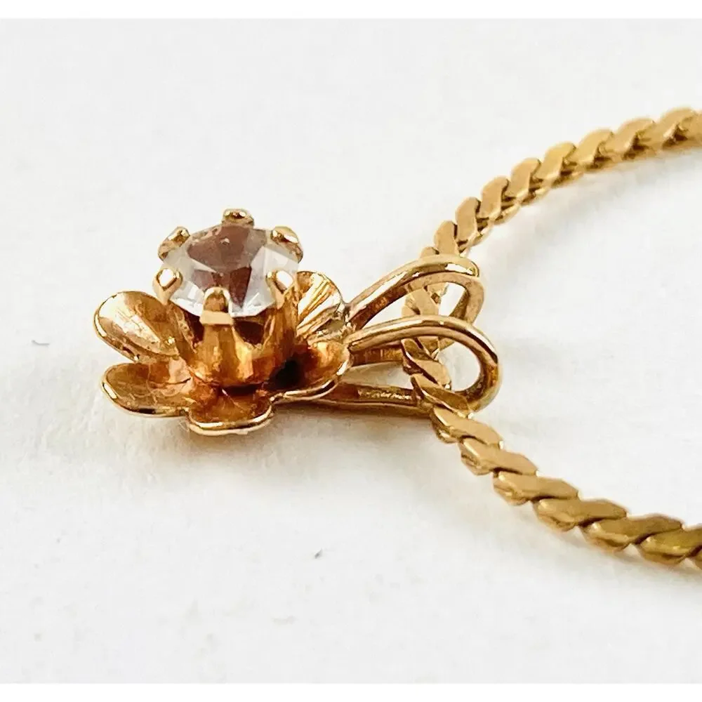 Vintage Coppercraft Guild Copper Tiny Flower Pendant Necklace Retro Rhinestones